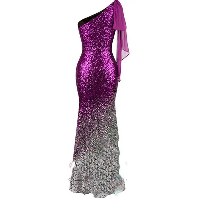 A rose gold ombre one shoulder fishtail sequin evening dress with a vibrant purple to silver gradient bodice and lace skirt