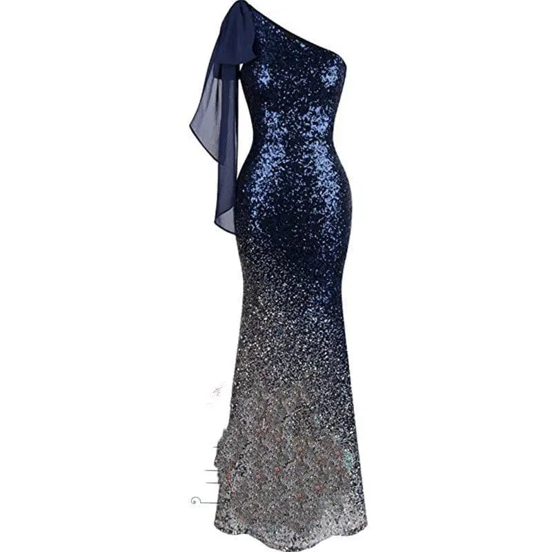 Rose gold ombre one shoulder fishtail sequin evening dress in navy blue and silver with sheer fabric accent