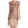 A rose gold party dress with shimmering sequins, mesh neckline, fringe hem, and eye catching zipper design