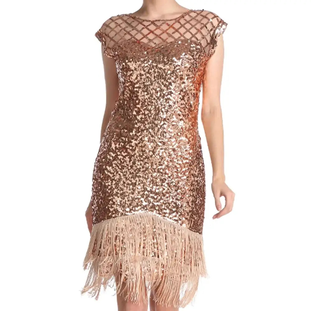Rose gold party dress featuring eye catching sequins mesh neckline fringe hem and zipper design for a glamorous look