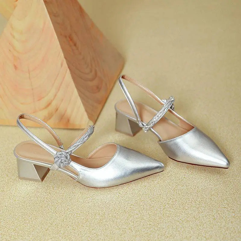 Shimmering rose gold satin pointed toe high heels with chunk chunky heel and sparkling crystal buckle mary jane style