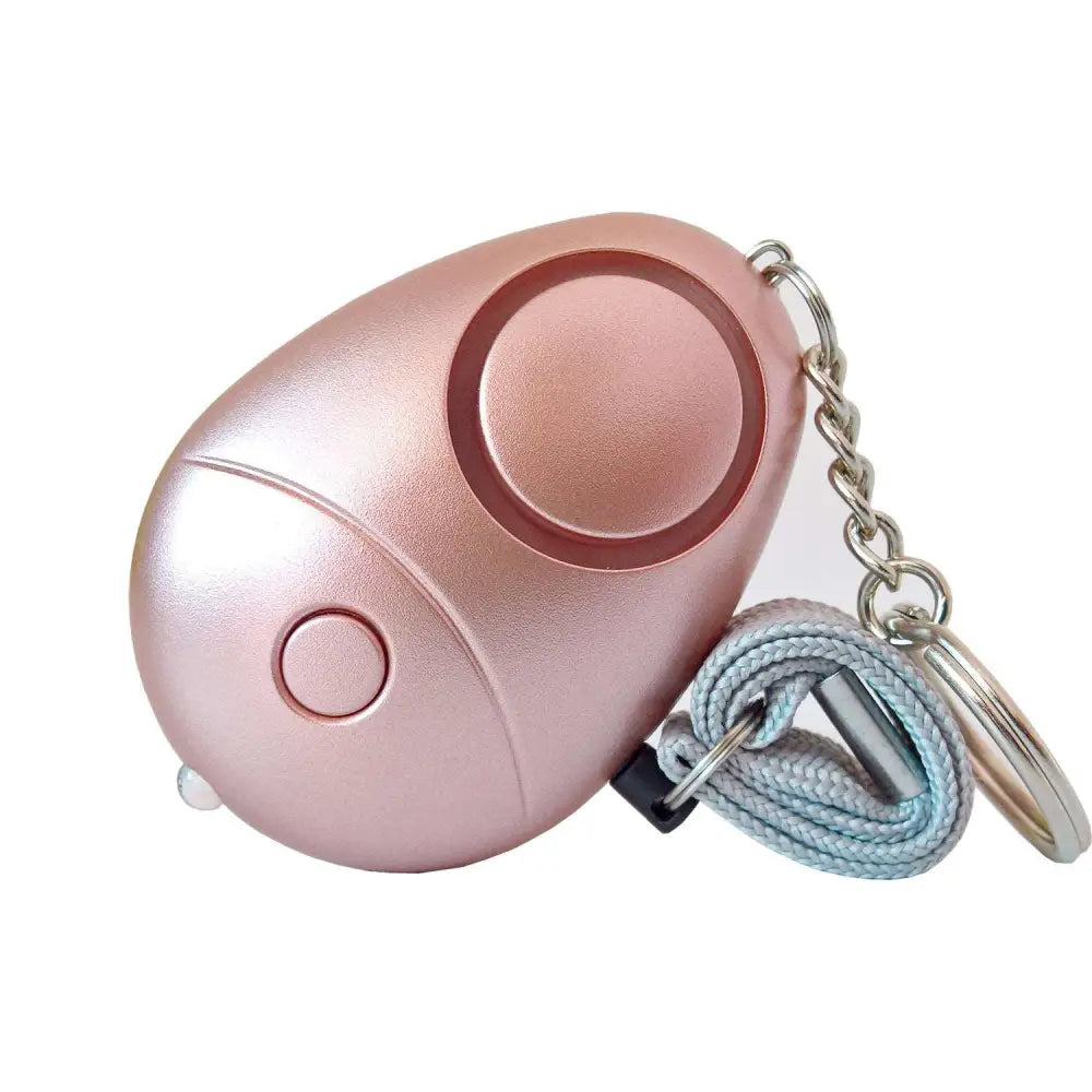 Rose gold egg-shaped personal security alarm keychain with led and braided light blue lanyard for safety use