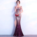 A rose gold sequined long slim fit fashion host gown with a shimmering gradient from rose gold to deep burgundy