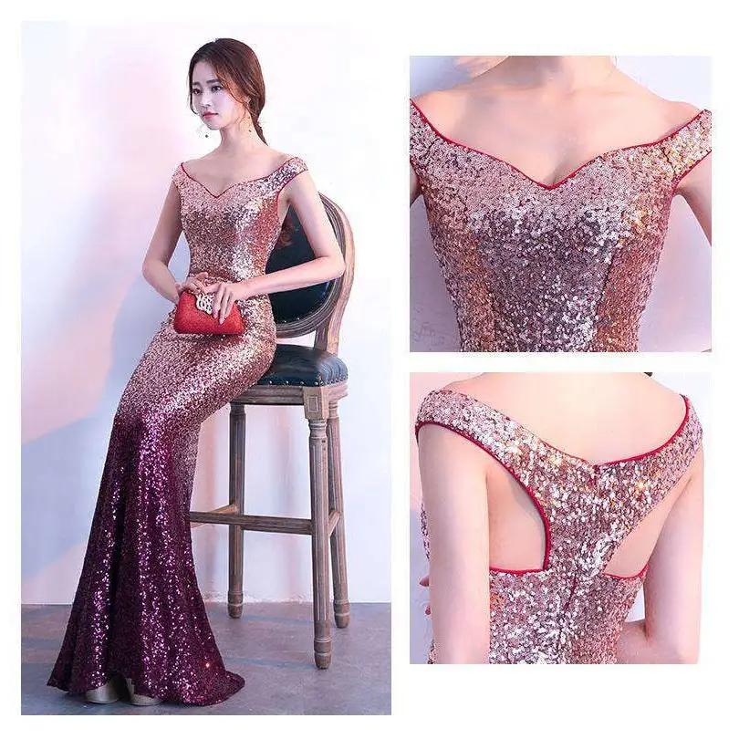 A rose gold sequined long slim fit fashion host gown with a shimmering gradient from rose gold to deep burgundy