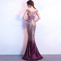 Rose gold sequined long slim fashion host gown with shimmering gradient mermaid design from rose gold to deep purple