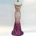 Rose gold sequined long slim fashion host gown with off-the-shoulder neckline in mermaid silhouette