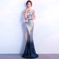 Rose gold sequined long slim fashion host gown in silver to navy blue with off-the-shoulder neckline and high slit