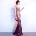 Rose gold sequined long slim fashion host gown with off the shoulder neckline and mermaid style fitted silhouette