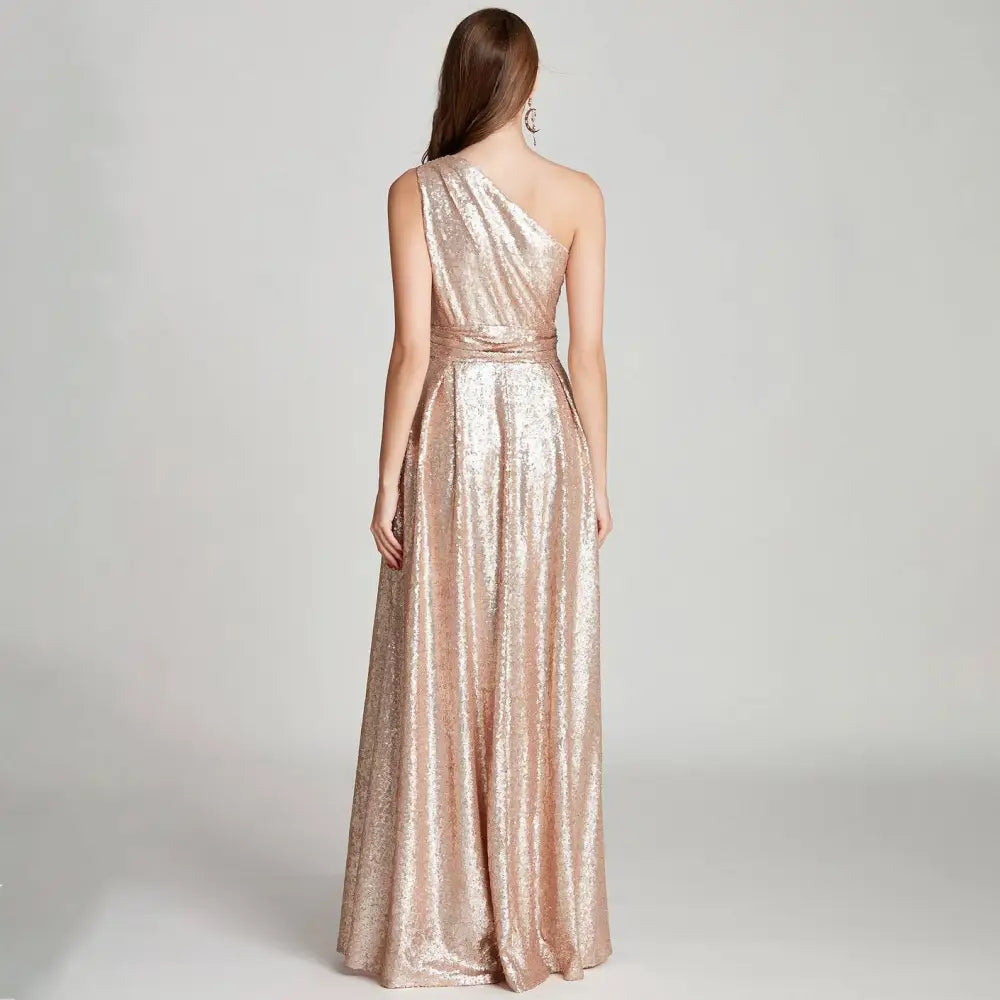 Rose gold sequined one-shoulder floor-length large bridesmaid dress with cinched waist for bridesmaid dress banquet