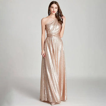 Rose gold sequined one-shoulder floor-length large bridesmaid dress with cinched waist for bridesmaid dress banquet