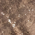 Rose gold sequined fabric with small circular embellishments on a large bridesmaid dress for banquet events
