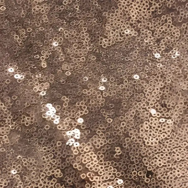 Rose gold sequined fabric with small circular embellishments on a large bridesmaid dress for banquet events