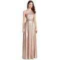 Rose gold sequined one shoulder floor-length large bridesmaid dress with draped bodice for bridesmaid dress banquet