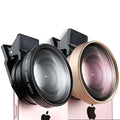 Black and rose gold clip-on ultra wide angle phone camera lenses with textured rings and japan optics branding