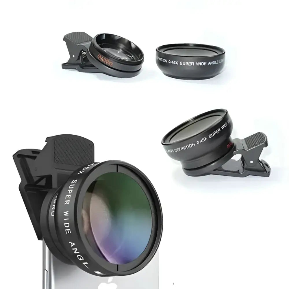 Black clip-on phone lens set with macro and ultra wide angle lenses for rose gold ultra wide iphone camera use