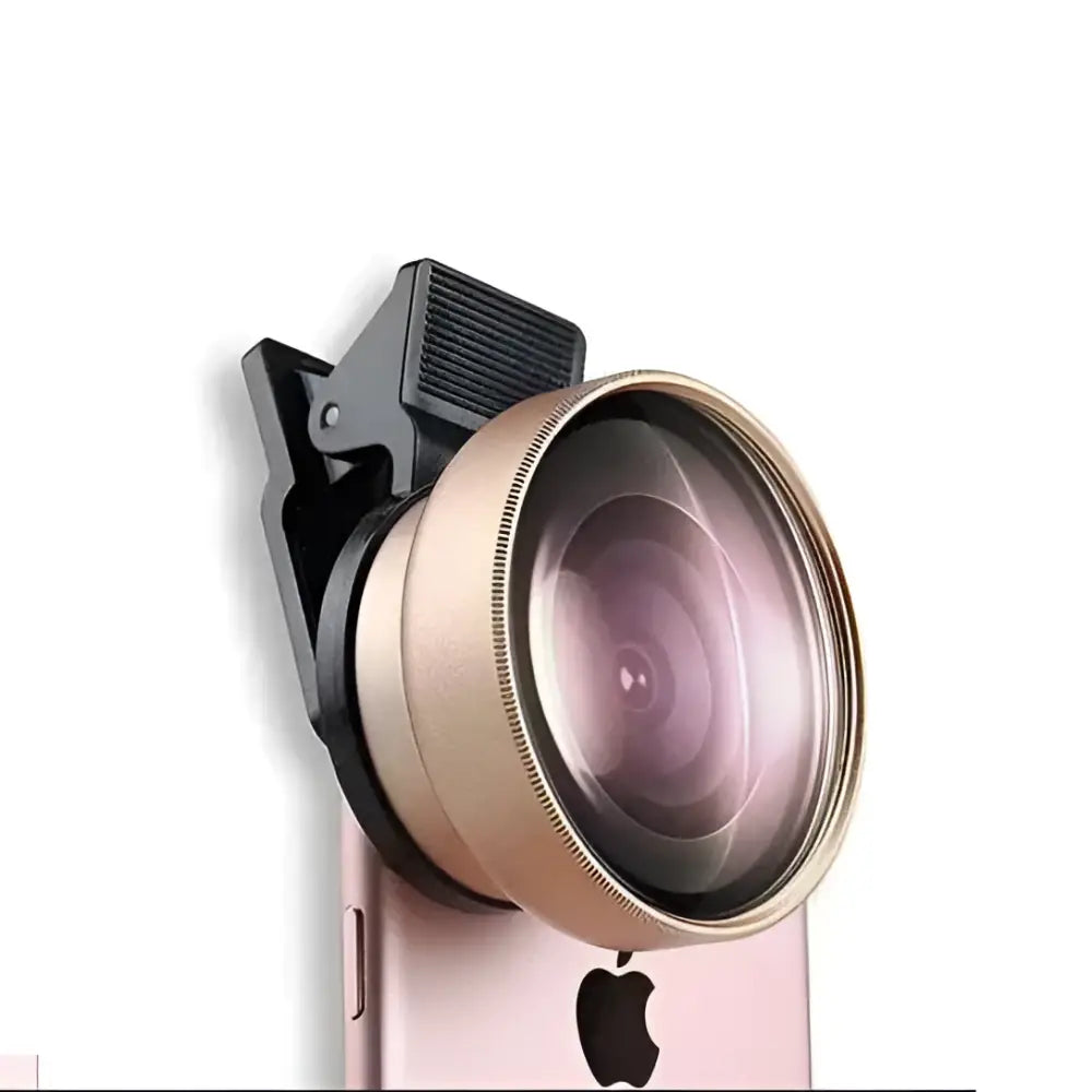 Rose gold ultra wide angle clip-on camera lens with black adjustable clamp attached to the back of an iphone