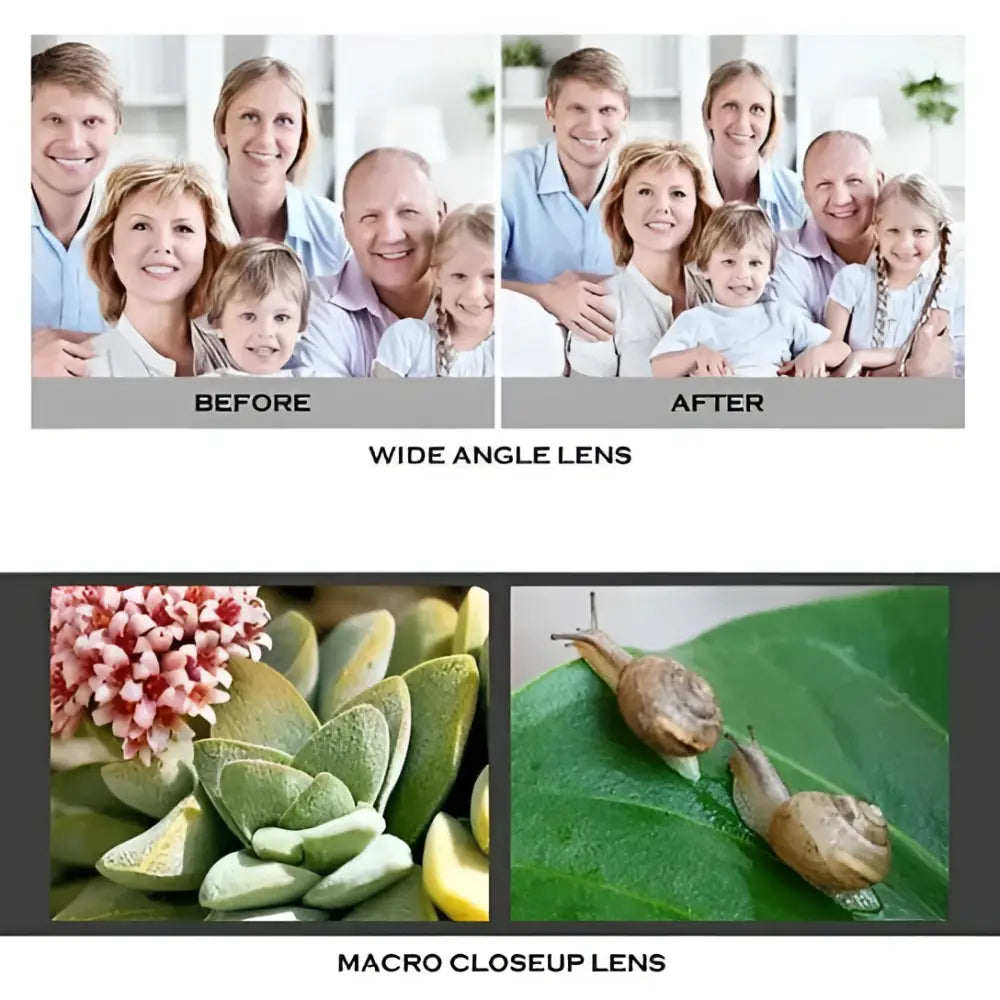 Before and after family portrait comparison showing rose gold ultra wide angle lens effect on composition for iphone camera