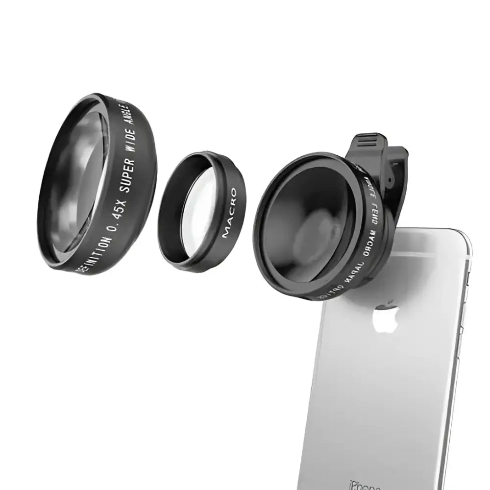 Rose gold ultra wide angle camera lens set for iphone with black clip and three lenses including super wide angle macro and 2x telephoto