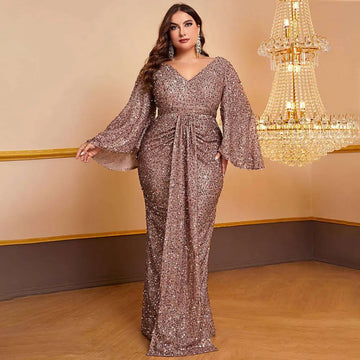 Rose gold sequin gown with v-neckline, bell sleeves, and long sleeved pleated design for elegant occasions