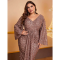 A rose gold sequin evening gown with v-neckline, long bell sleeves, and pleated skirt for formal occasions