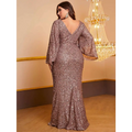 Rose gold sequin mermaid gown with bell sleeves and a deep v-back featuring long sleeved pleated design