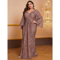 Rose gold sequin long sleeved pleated gown with v-neckline and elegant bell sleeves for formal occasions