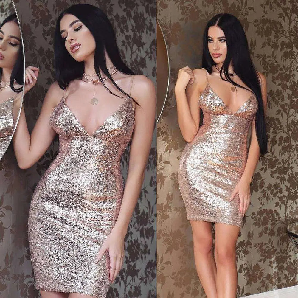 A shimmering rose gold strap sequin dress with a deep gold v neck and thin spaghetti straps bodycon fit
