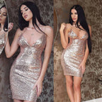 A shimmering rose gold strap sequin dress with a deep gold v neck and thin spaghetti straps bodycon fit
