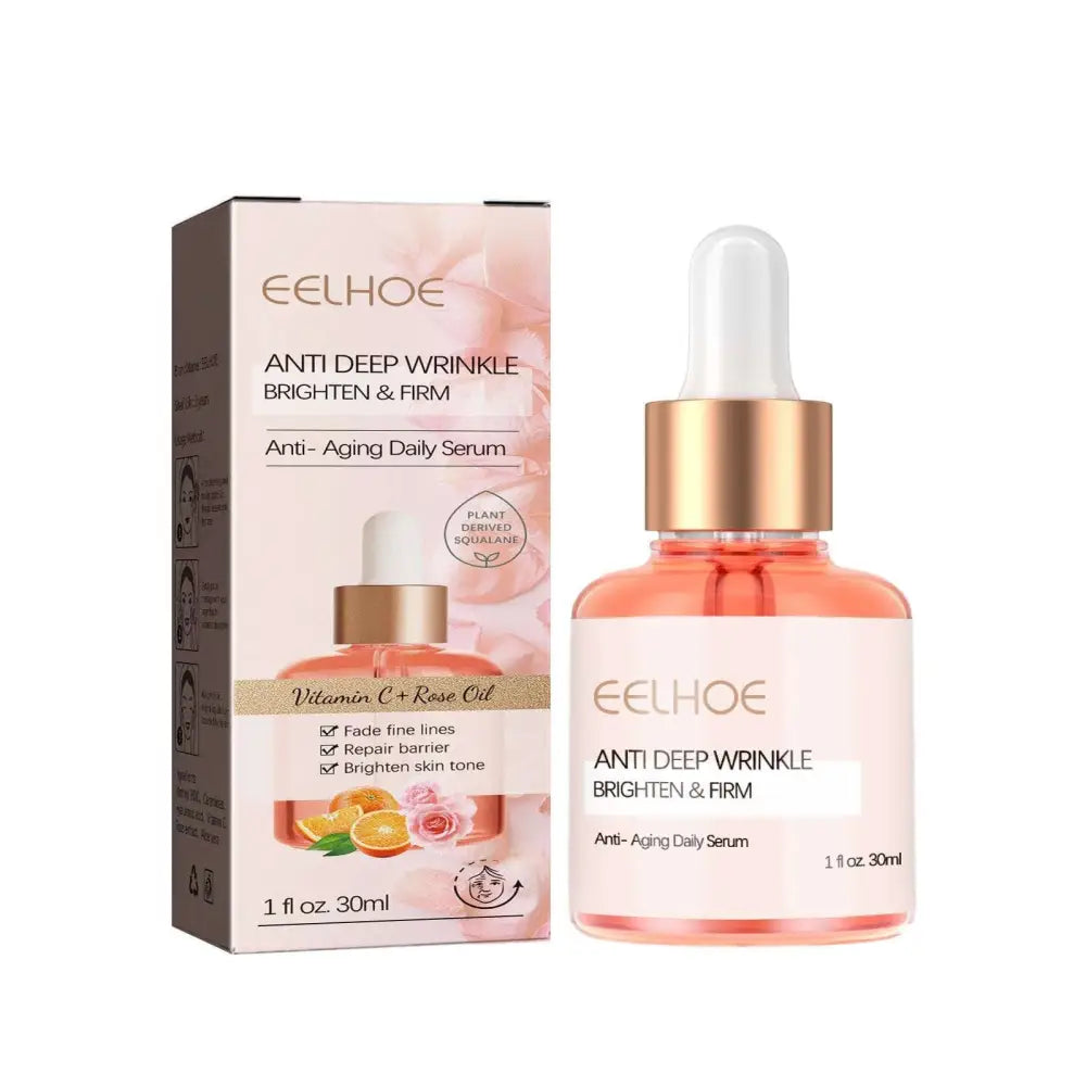 A pink glass bottle with gold dropper cap labeled eelhoe rose oil anti-aging facial firming rich serum for brightening