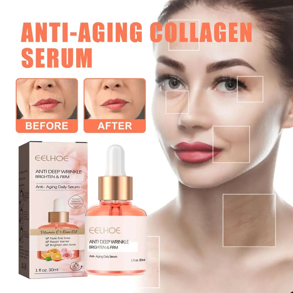 A pink glass bottle with gold dropper cap and white label for eelhoe rose oil anti-aging facial firming rich serum
