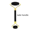Black jade quartz facial roller with gold-toned metal frame for gua sha wrinkle removal and facial massage