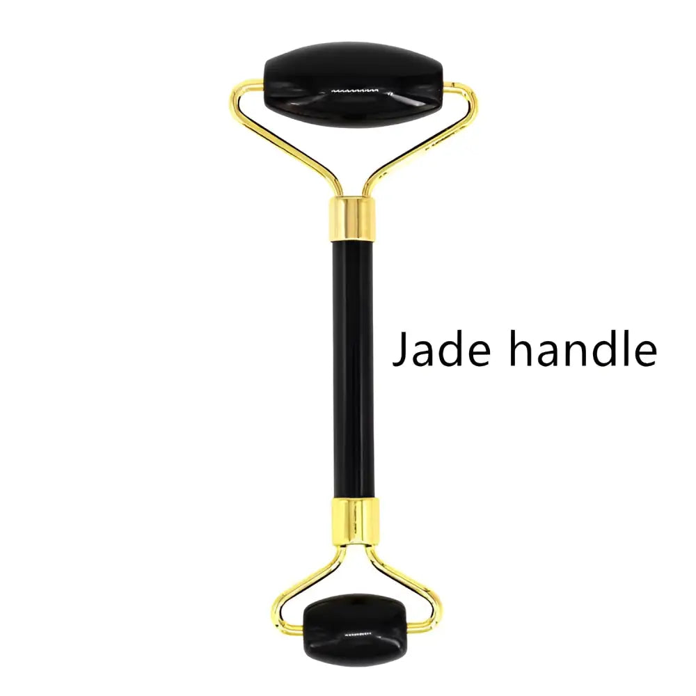 Black jade quartz facial roller with gold-toned metal frame for gua sha wrinkle removal and facial massage