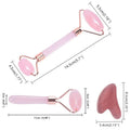 Pink rose quartz facial roller with rose gold metal frame and handle for gua sha wrinkle removal and skincare benefits