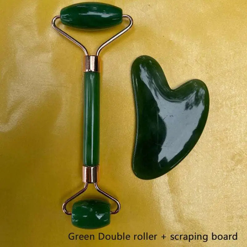 Green jade double roller with rose gold accents and matching gua sha wrinkle remover scraping board for quartz facial use