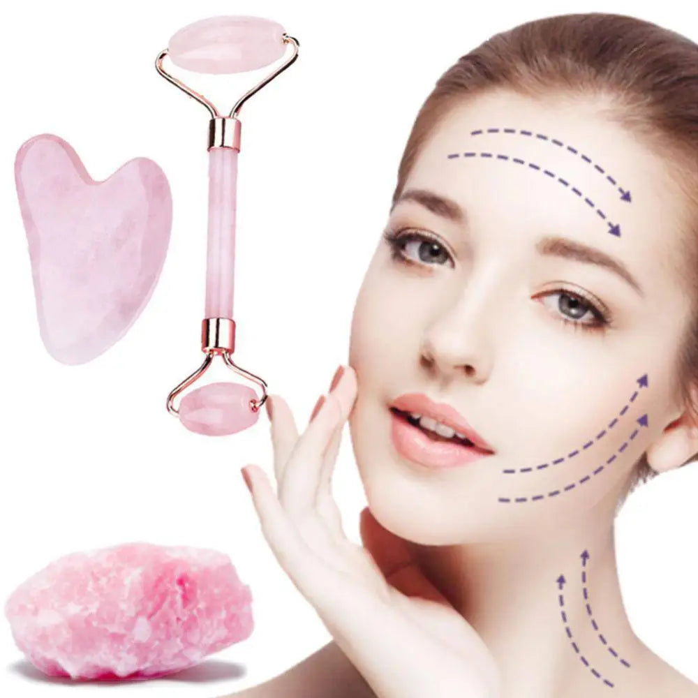 Rose quartz facial roller and gua sha wrinkle remover set with metallic handle and matching heart-shaped quartz scraper