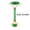 Green jade quartz facial roller with gold-toned metal handles and central jade handle for gua sha wrinkle removal
