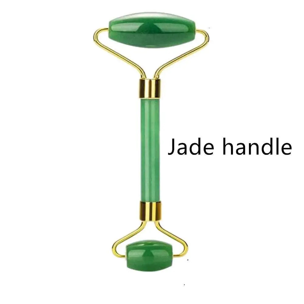 Green jade quartz facial roller with gold-toned metal handles and central jade handle for gua sha wrinkle removal