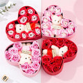 Rose red heart gift box with rose soap flowers, teddy bear holding wooden plaque reading i love you for mothers day