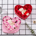 Rose red heart gift box with pink soap roses and teddy bear holding love you tag for mother’s day heart gift box