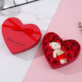 Rose red heart gift box with red soap roses and teddy bear holding i love you sign for mother’s day gift