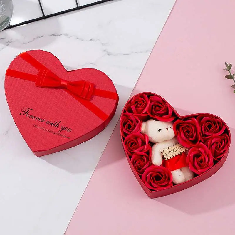 Rose red heart gift box with red soap roses and a teddy bear holding i love you sign for mother’s day