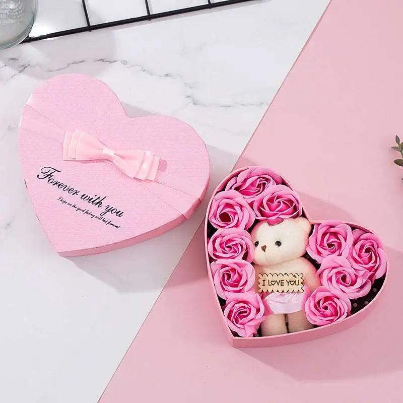 Rose red heart gift box with pink soap roses and teddy bear holding i love you plaque for mother’s day gift