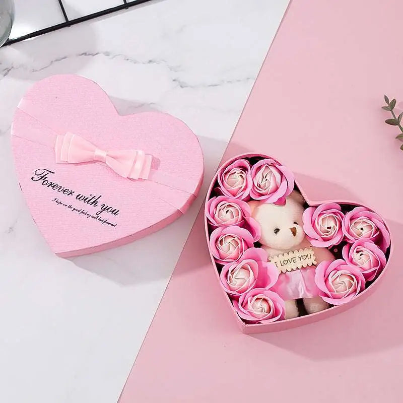 Rose red heart gift box with pink soap roses and teddy bear holding i love you sign for mother’s day gift