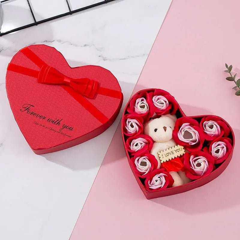 Rose red heart gift box with soap roses and teddy bear holding i love you plaque for mother’s day gift