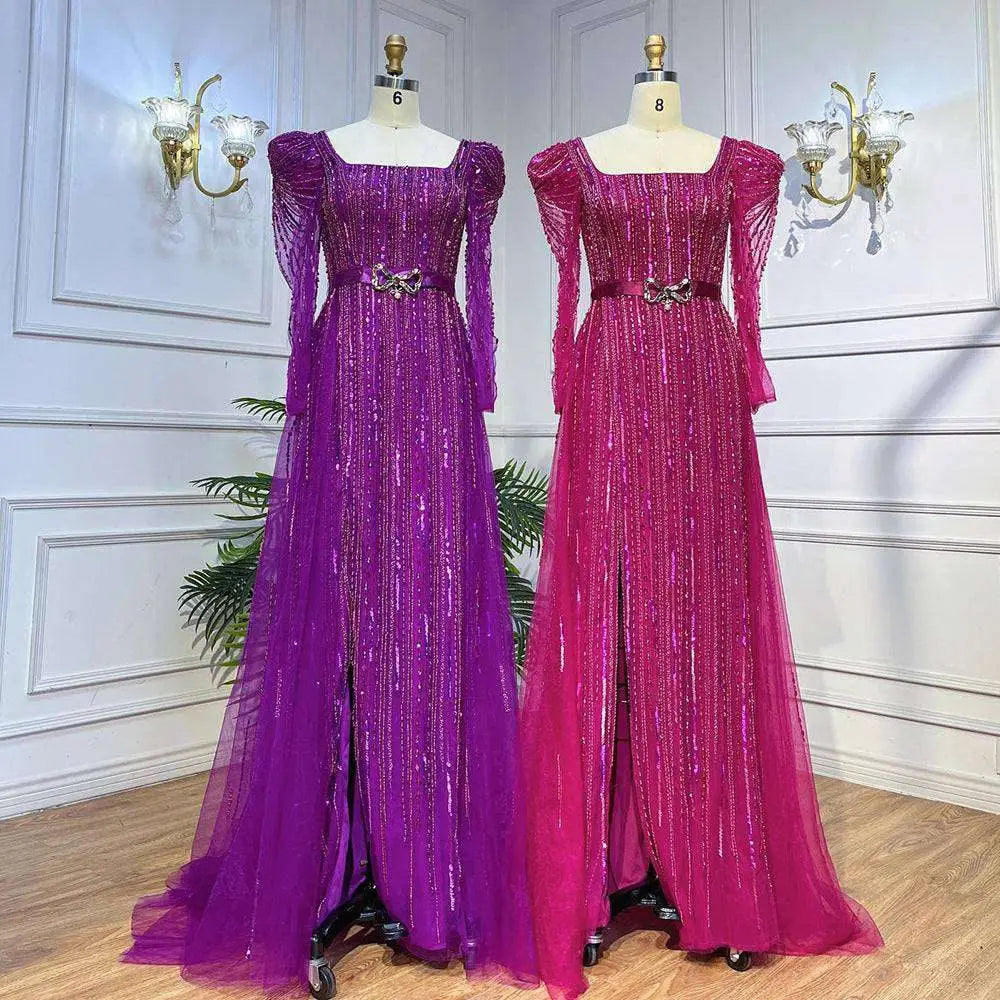 Two elegant rose red host performance sequin evening gowns in vibrant purple and fuchsia with sheer sleeves