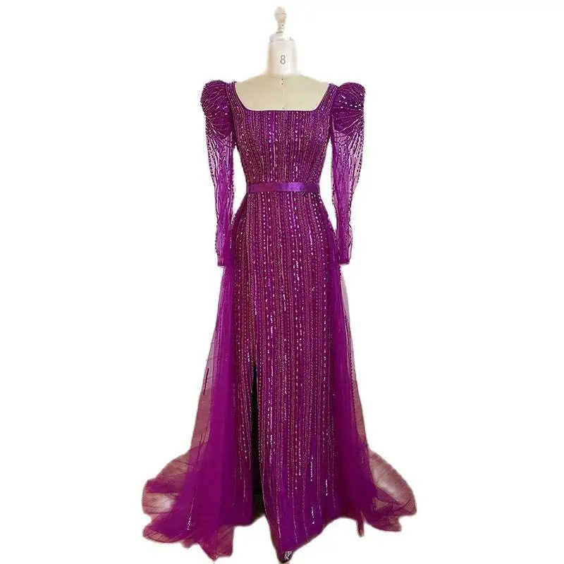 A shimmering deep purple host performance sequin evening gown with long puffed sleeves and a matching satin belt