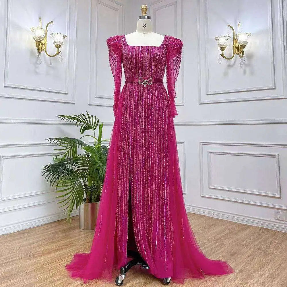 A rose red host performance sequin evening gown with long puffed sleeves and a silver bow belt