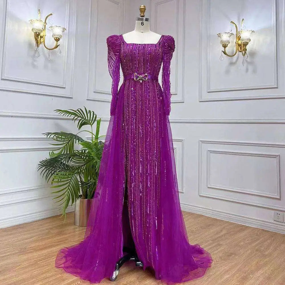 A shimmering purple rose red host performance sequin evening gown with long puffed sleeves displayed on a mannequin