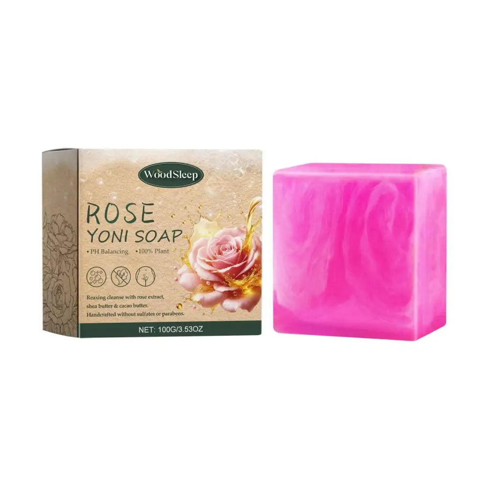 Vibrant pink translucent rose soap bath bar from woodsleep with smooth marbled surface relieves physical discomfort packaged elegantly