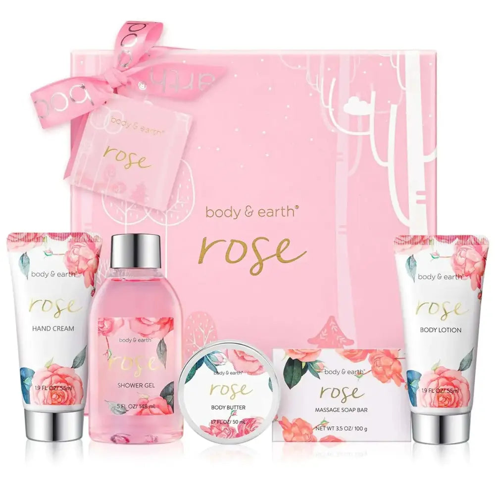 Pink rose-themed rose spa gift set with body lotion and essential oils in floral packaging with silver accents bath gift